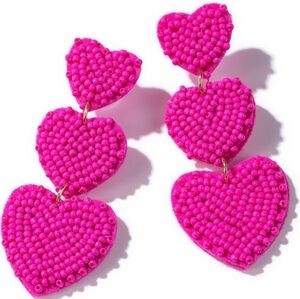 Long Handmade Triple Hot Pink Heart Beaded Valentine's Day Earrings Cute Hearts